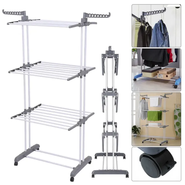 Extra Large Grey 3 Tier Foldable Indoor Outdoor Clothes Airer Laundry Dryer Rack