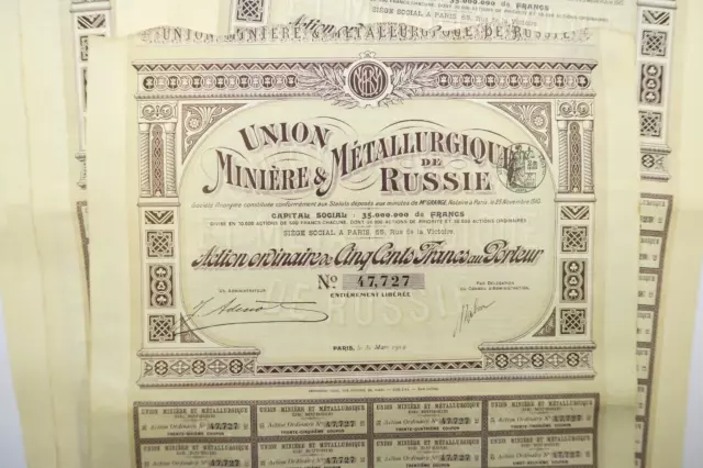 Union Miniere Et Metallurgique De Russie Action De 500 Francs 1911 X 10 Actions