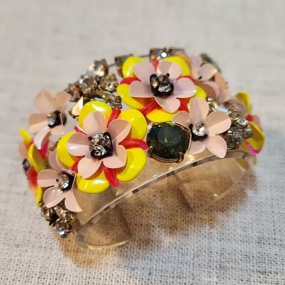 J Crew Floral Blooming Sequin Open Cuff Crystal Bracelet Pink Yellow Clear Green