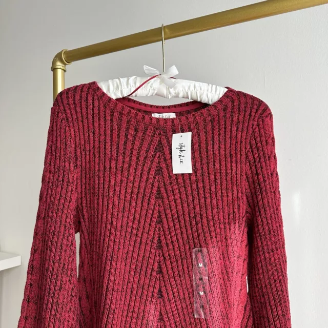 Style & Co Ribbed Knit Sweater Cotton Red Striped Bell Sleeve Womens Medium NWT 3