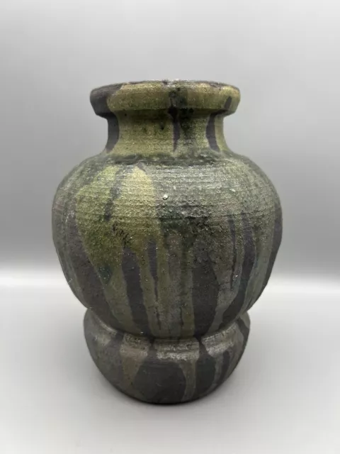 VTG Studio Pottery Signed Raku Round Jar Vase Matte Black Green Drip Glazed 8.5"