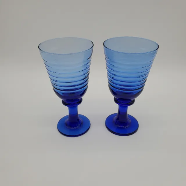 2 Vintage Libbey Cobalt Blue Ribbed Wine/Water Goblets