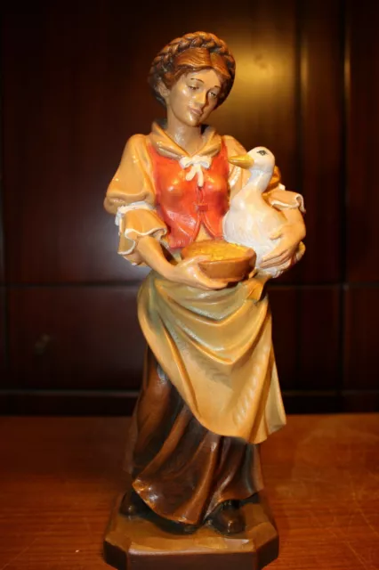 11.6" Wood Hand Carved Girl Peasant Woman Goose Statue Figure Sculpture Carving