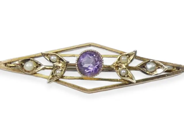 Antique Edwardian Solid 9ct Yellow Gold Seed Pearl Purple Amethyst Bar Brooch