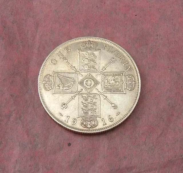 GB UK George V - 1916  Silver (.925) Florin /  Two Shillings.  Near EF