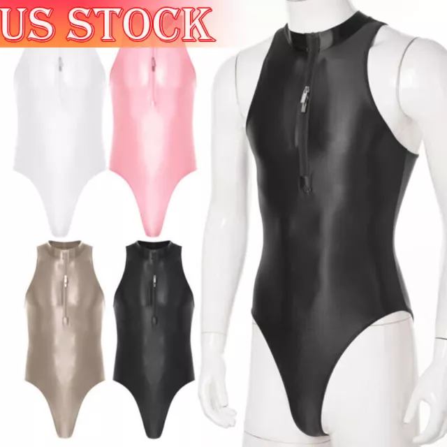 US Mens Glossy Lingerie Sleeveless Bodysuit Dance Gymnastics Leotard Jumpsuit