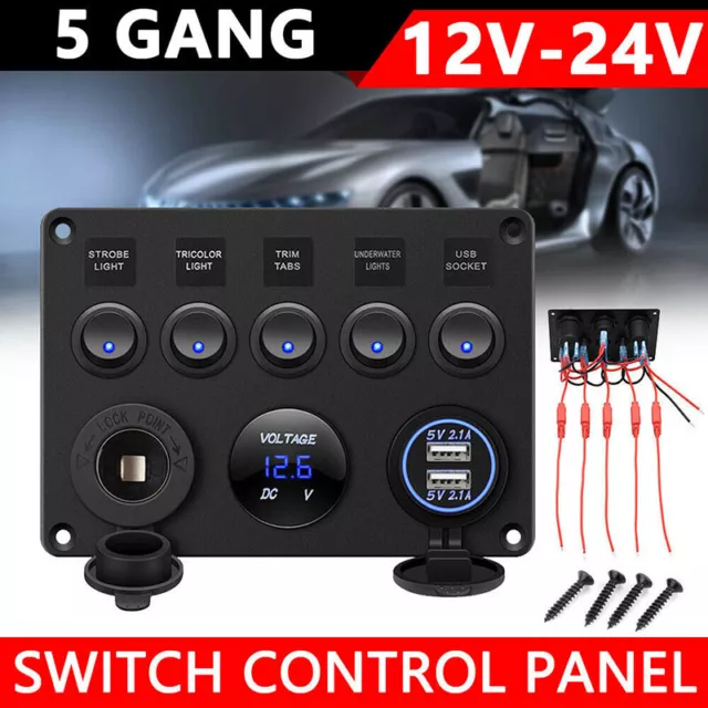 5 Gang Switch Panel 12V/24V Car Boat Marine Blue LED Rocker Breaker Con-wf