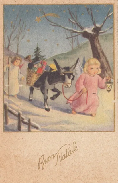 Cartolina *2 Auguri-Feste Buon Natale Bambini Asino Regali Neve Viaggiata 1955