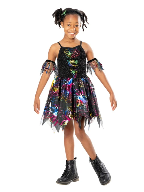 Sparkle Spider Costume Girls Black Widow Halloween Fancy Dress Witch Kids