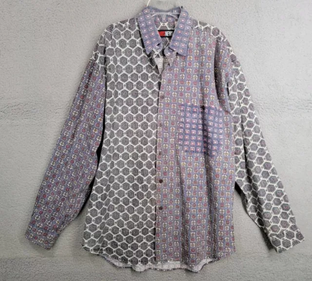 Mens Vintage 80s Button Down Shirt Large Purple Geometric Mixed Media As Is