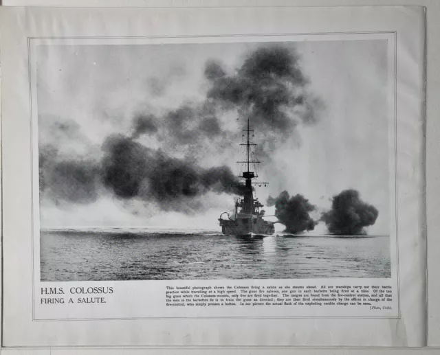 1915 Ww1 Print & Text H.m.s Colossus Firing Salute Warship