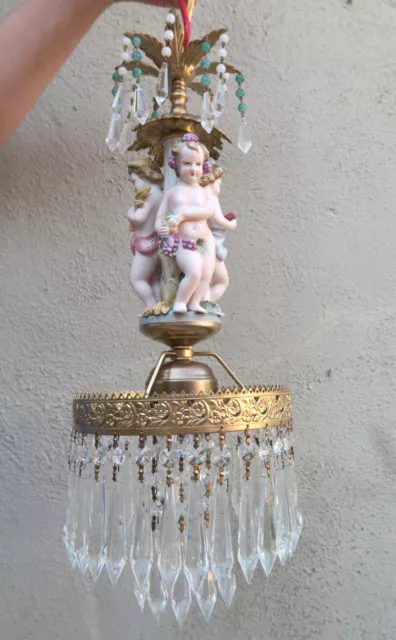 Vintage Porcelain Cherub bird nest chandelier Swag crystal prism lamp Brass tole 2