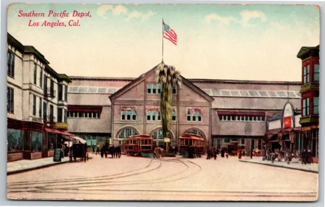 Southern Pacific Depot Los Angeles, Cal Flag RPPC* Postcard NP c1910 VGC