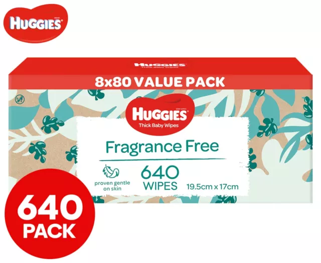 8 x 80pk (640 pk) Huggies Thick Gentle Baby Wipes Fragrance Free