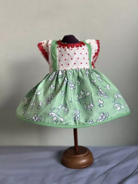 ORIGINAL PEDIGREE DOLL DRESS FOR 14" DOLL Green bird print with red polka dots