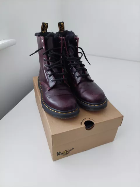 Dr Martens 1460 Serena Burgundy Leather Faux Fur Lined Lace Up Boots Size 6