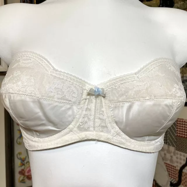 70s Vintage Adonna White Lace and Satin Strapless Underwire Bullet Bra Size 34B