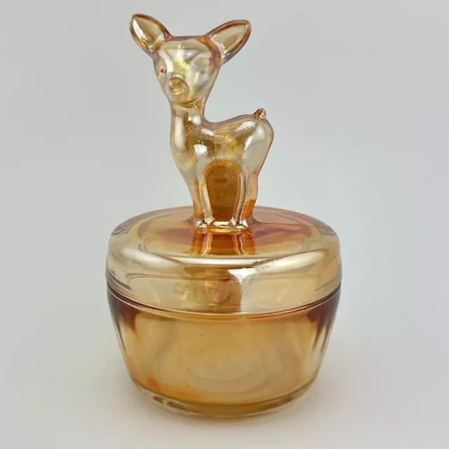 Vtg Jeanette Marigold Iridescent Glass Fawn Deer Powder Jar Dish Trinket w Lid