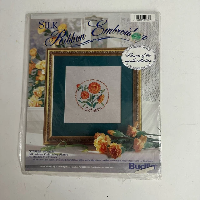 Kit de Bordado de Cinta de Seda Bucilla Octubre Maragold Se adapta al Marco de 8x8 1994 Sellado