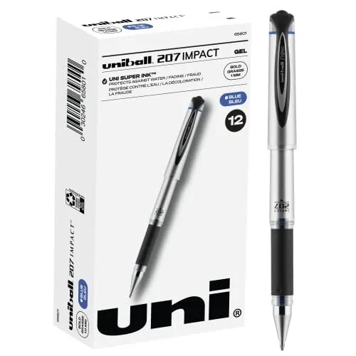 Uniball Signo 207 Impact Stick Gel Pen, 12 Blue Pens, 1.0mm Bold Point Gel Pe...