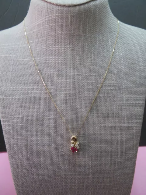 18" Box Chain Necklace w/ 14K Yellow Gold Ruby Diamond Pendant