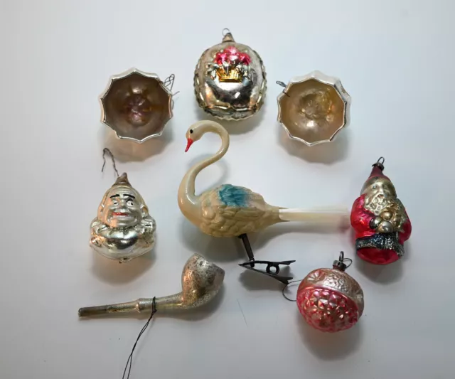 8pcs Christmas tree decorations * listening glass spheres & figures * circa 1900/20