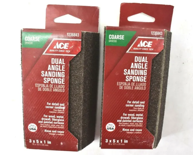 Lot Of 2 Ace Dual Angle Corner Detail Sanding Sponge Coarse 3 x 5 x 1"