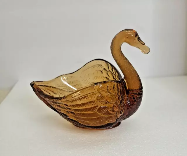 Vintage L.E. Smith Amber Glass Swan Bird Candy Mint Trinket Jewelry Dish Bowl