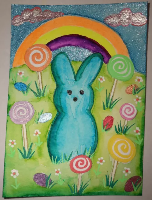 aceo original painting "Easter Peepland's Lollipop Ridge" Watercolor/Acrylic