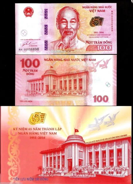 VIETNAM 100 Dong 2016 x 100 Pcs Lot BUNDLE Commemorative 65th UNC Folder + NOTE