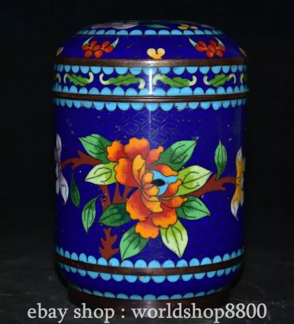 6" Old Chinese Purple Bronze Cloisonne Enamel Dynasty Flower Cover Box