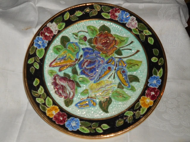 Ancien grand plat céramique Monaco décor floral signé Kerina