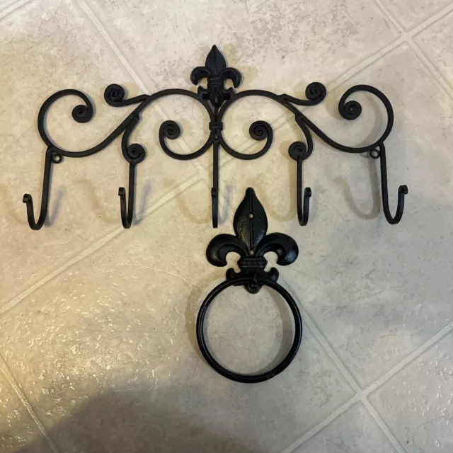 Pair of Wrought Iron Fleur De Lis Towel Holders