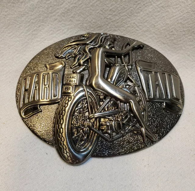 Stainless Steel Oval Belt Buckle Hardtail Motorcycle and Lady Riding it
