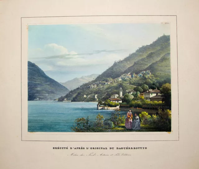 c1850 Lago di Como Comer See Eiweiss-gehöhte Farb-Aquatinta