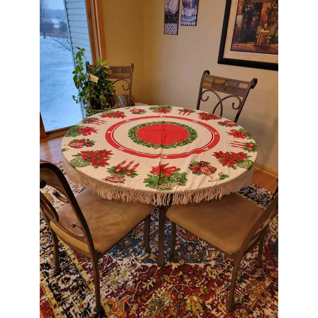 Mantel redondo de Navidad 47"" mesa vela 3"" borlas