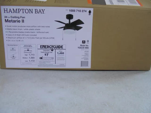 Hampton Bay Metarie II24 in Indoor Matte Black Ceiling Fan with Light YG922B-MBK