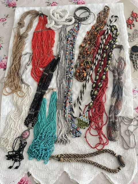 Bulk Job Lot Of Vintage Costume Jewellery Seed Bead Necklaces & Earrings