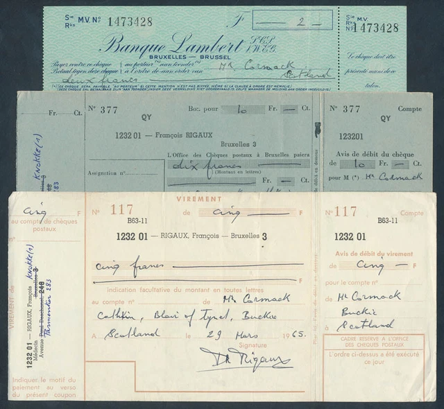 Belgium: 1965 Banque Lambert "SCARCE CHEQUE & 2 MONEY TRANSFERS"