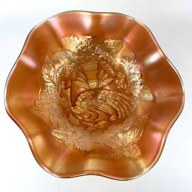 FENTON PEACOCK URN CANDY DISH MARIGOLD Bowl Compote Ruffled Carnival