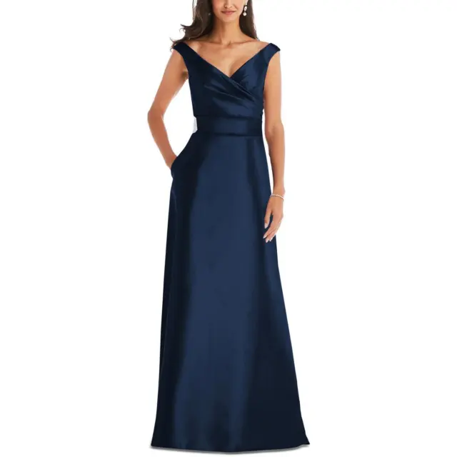 Alfred Sung Womens Navy Satin Off The Shoulder Evening Dress Gown 4 BHFO 8458