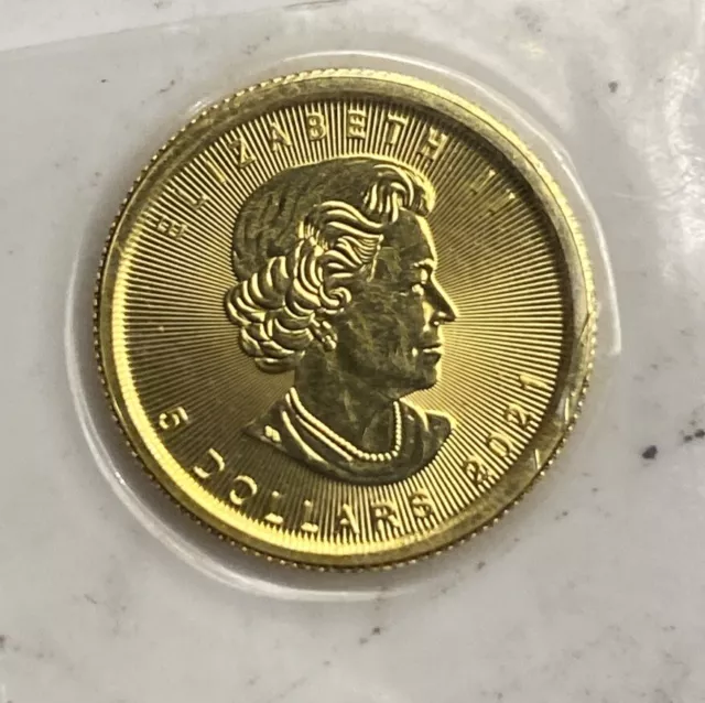 2021 Tenth Oz Gold Maple Leaf 5 Dollar Coin. .9999 In Mint Sealed Plastic.