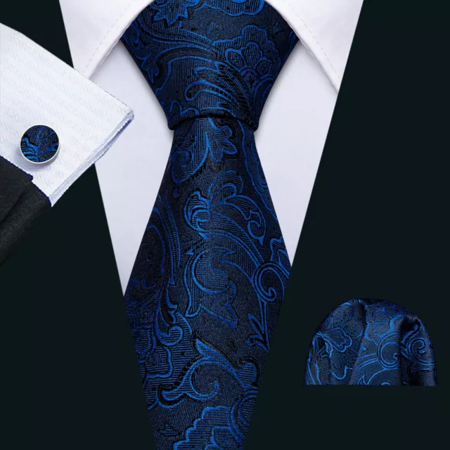 Mens Navy Blue Floral Tie Silk Classic Jacquard Woven Necktie Handkerchief Set