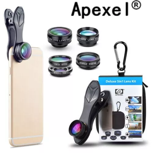 APEXEL 5 in 1 Cell Phone Camera Lens Kit Macro Wide Angle for iPhone Smartphone