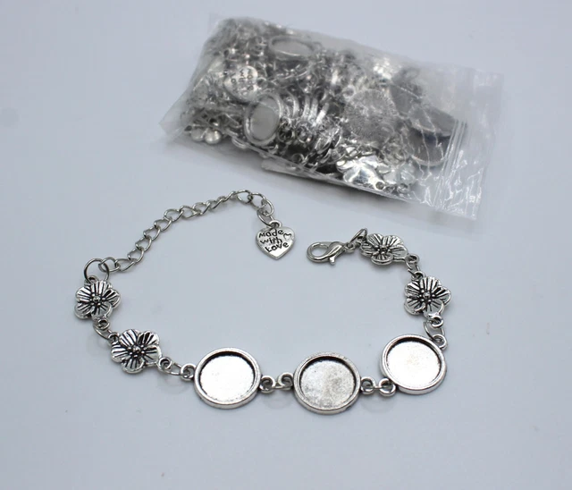 10 BRAZALETE DE METAL PLATEADO En blanco Forma 3 Almohadillas redondas 15mm (aproximadamente 5/8") Eslabones de cadena