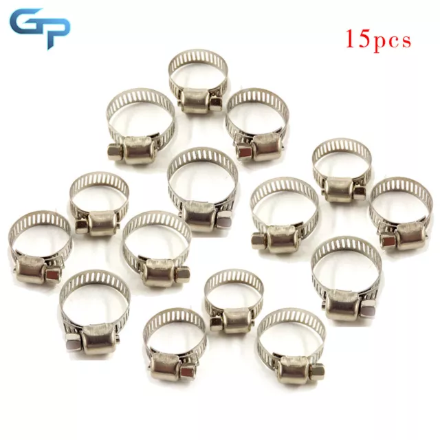 15 Pcs 5/16" - 15/32" Adjustable Stainless Steel Drive Hose Clamp Fuel Line Clip