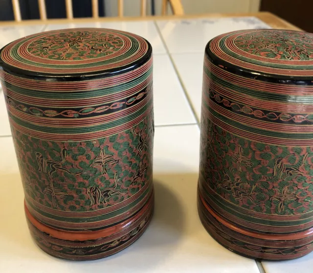 Pair Of Vintage Burmese Lacquerware Betel Boxes  4 1/4”