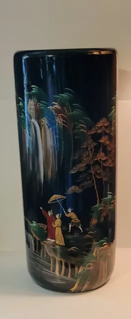 Vintage Handpainted Chinese Porcelain Umbrella Stand Waterfall Scene 14.5"