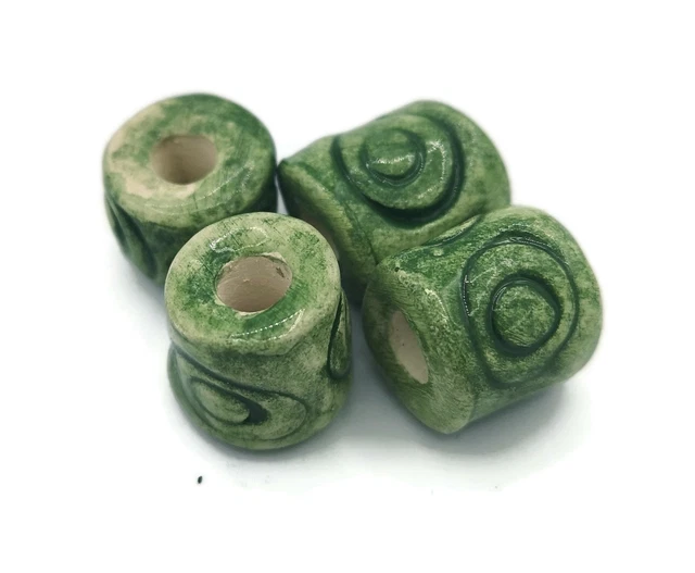 4Pcs Green Ceramic Tube Beads Large Hole For Artisan Jewelry Making Or Macrame
