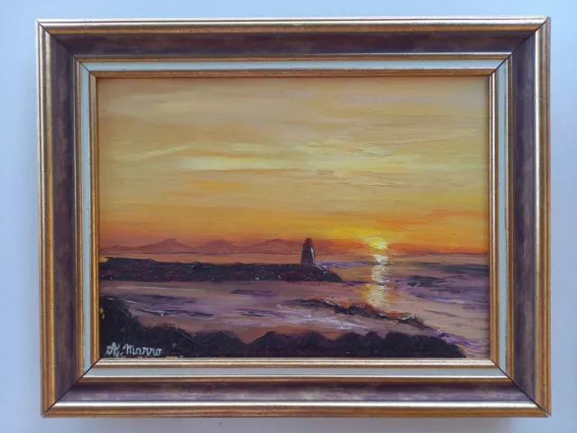 Tableau COUCHER de SOLEIL sur PHARE MARIN & JETÉE bord de MER peinture A. MARRO